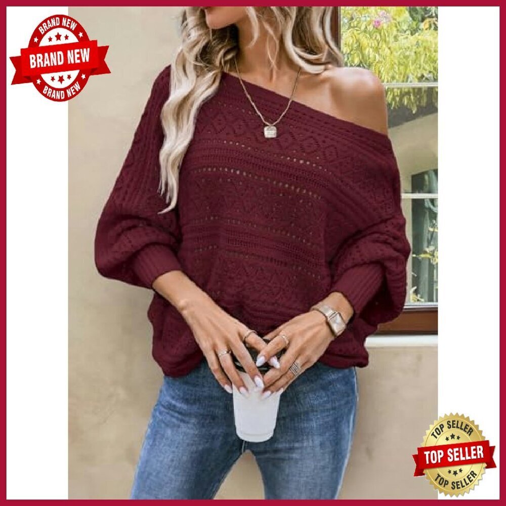 Oversized Crochet Sweater Off Shoulder Dolman Sleeve Lightweight Pullover - Picture 6 of 8
